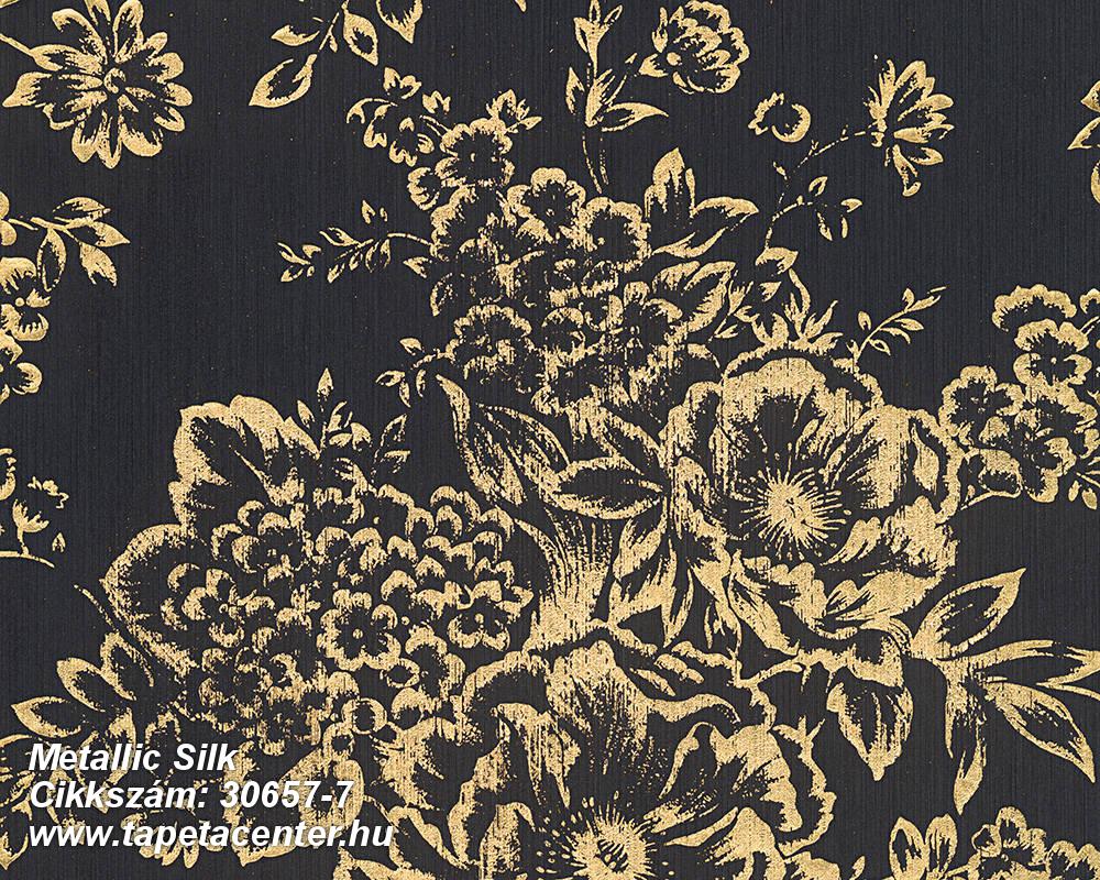 Barokk-klasszikus,csillámos,különleges felületű,különleges motívumos,rajzolt,valódi textil,virágmintás,arany,fekete,vlies tapéta 